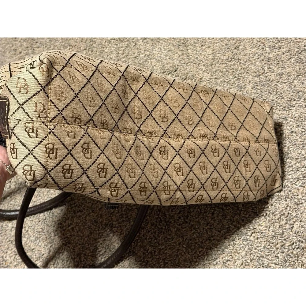Dooney & Bourke DB Logo Canvas Satchel Bag Brown Leather Drawstring